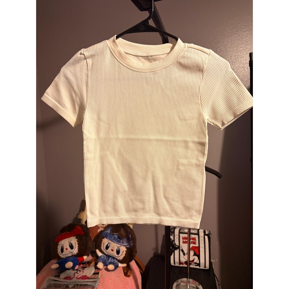 Pink Rose Winter White Ribbed Crop Shirt Sz L - NWT